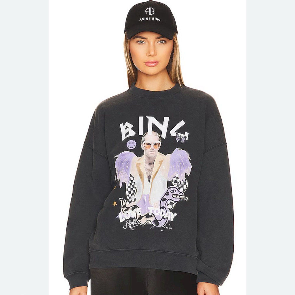 Anine Bing Black Graphic Crewneck Sweatshirt with Lavender Accents